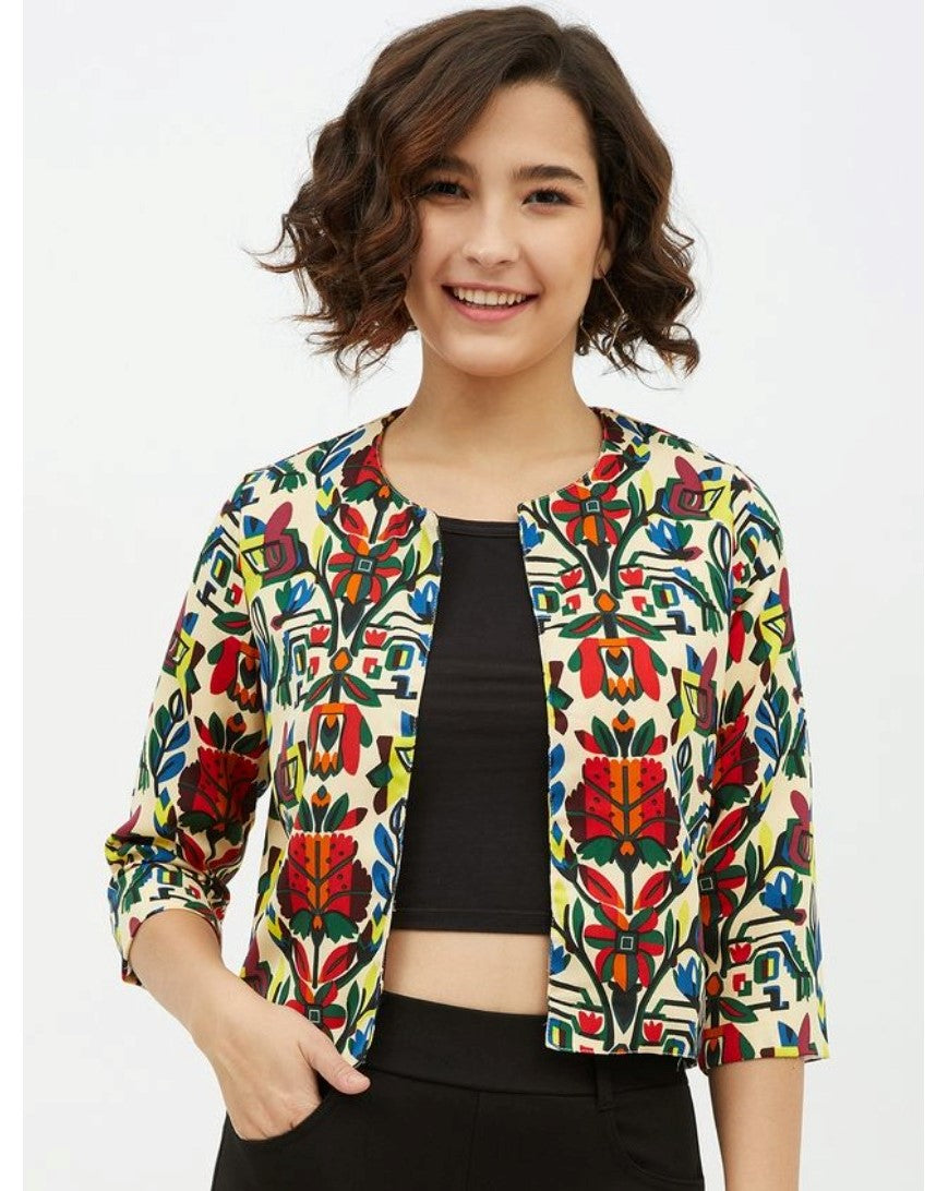 Women's Polyester Floral 3-4th Sleeves Shrug (Multicolor)