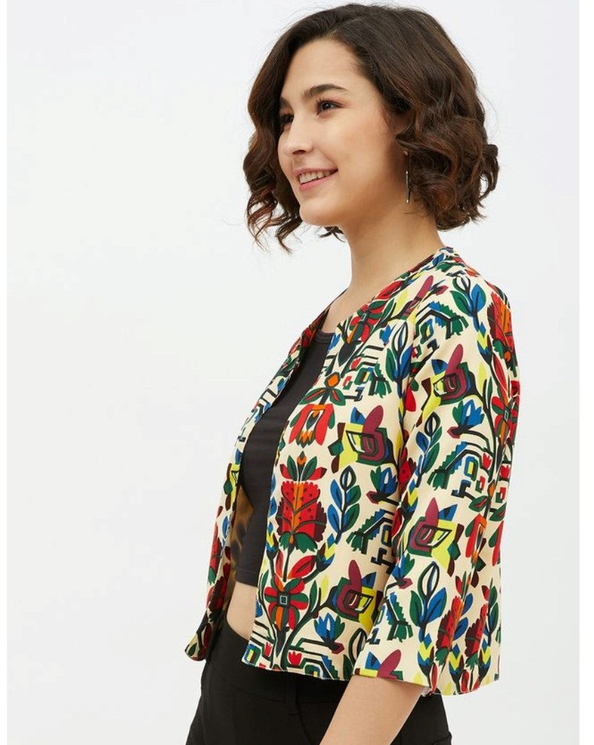 Women's Polyester Floral 3-4th Sleeves Shrug (Multicolor)