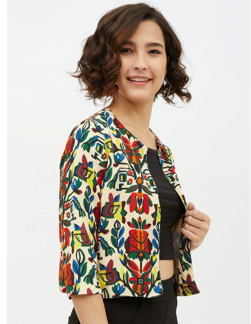 Women's Polyester Floral 3-4th Sleeves Shrug (Multicolor)
